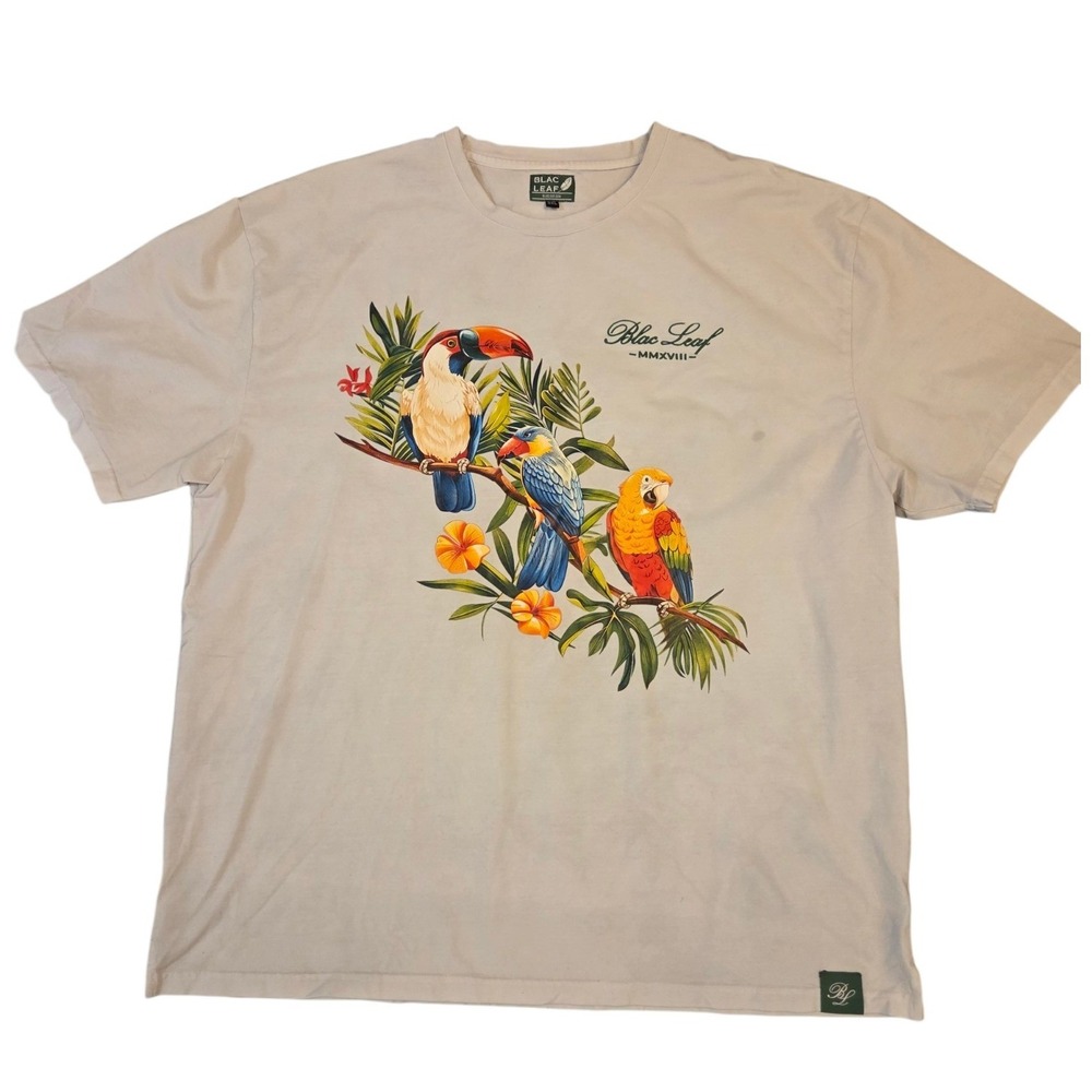 Blac Leaf Mens 3XL Tropical Parrot Graphic T-Shirt Cream Short Sleeve Streetwear